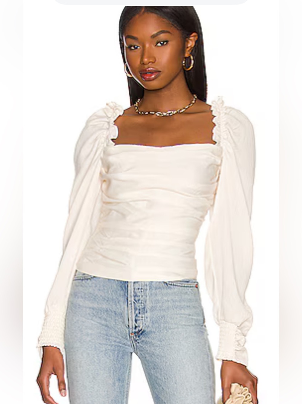 Astr Cream Square Neck Ruched Long Sleeve Top